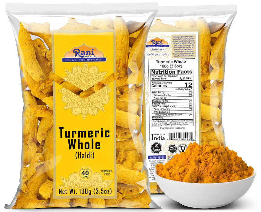 Rani Turmeric (Haldi) Root Whole Spice, Dried 3.5oz (100g) ~ All Natural | 100% Pure | Vegan | Gluten Friendly | NON-GMO | Kosher | Indian Origin