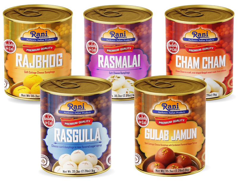 Rani Gulab Jamun Round, Rasgulla, Cham Cham, Rasmalai, RajBhog 35.3oz (2.2lbs) 1kg each, Combo Set of 5, Approximately 14 pieces, Easy Open Lid Can ~ Ready to eat | Non-GMO | Kosher | Indian Origin