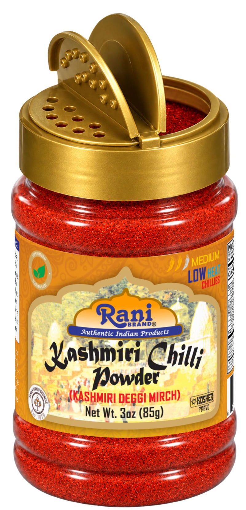 Rani Kashmiri Chili Powder (Deggi Mirch) 3 oz (85 g) Jar - Mild, Low Heat, Rich Red Color for Tandoori, Curry & Deviled Eggs | All Natural, Salt-Free, Vegan, Kosher