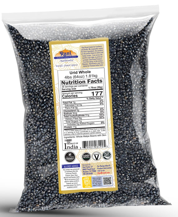 Rani Urid/Urad Whole Black (Matpe Beans with Skin) Indian Lentils 64oz (4lbs) 1.81kg Bulk~ All Natural | Gluten Friendly | NON-GMO | Kosher | Vegan | Indian Origin