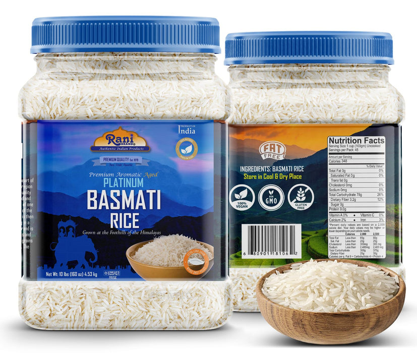 Rani Platinum White Basmati Rice Extra Long Aged 160oz (10lbs) 4.53kg PET Jar ~ All Natural | Gluten Friendly | Vegan | Indian Origin | Kosher | Export Quality