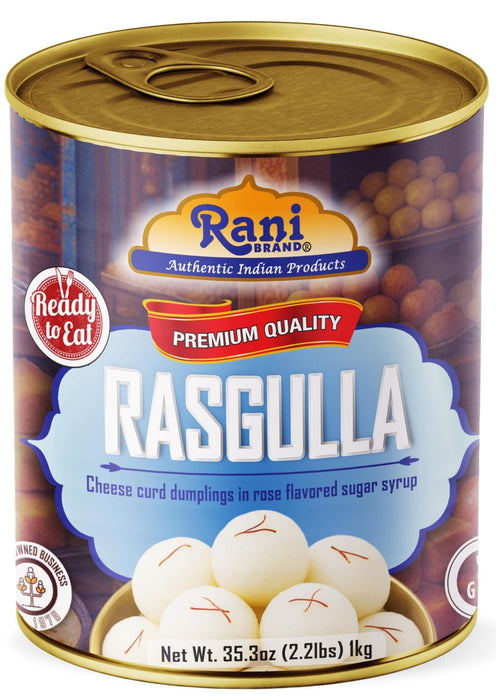 Rani Rasgulla (Cheese Curd Dumplings in Rose Flavor) 35.3oz (2.2lbs) 1kg, Approximately 14 pieces, Easy Open Lid ~ Ready to eat | Gluten Friendly | Vegan | Non-GMO | Kosher | Indian Origin