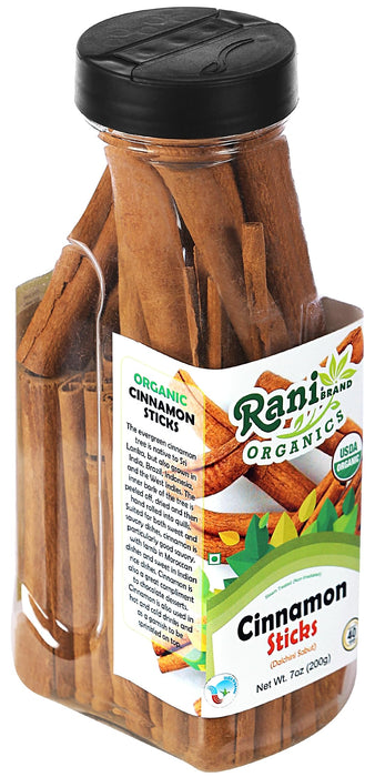 Rani Organic Cinnamon Sticks (Dalchini Sabut) 7oz (200g) PET Jar ~ 22-26 Sticks, 3 Inches in Length, Cassia Round ~ All Natural | Vegan | Gluten Friendly | NON-GMO | Indian Origin | USDA Certified Organic
