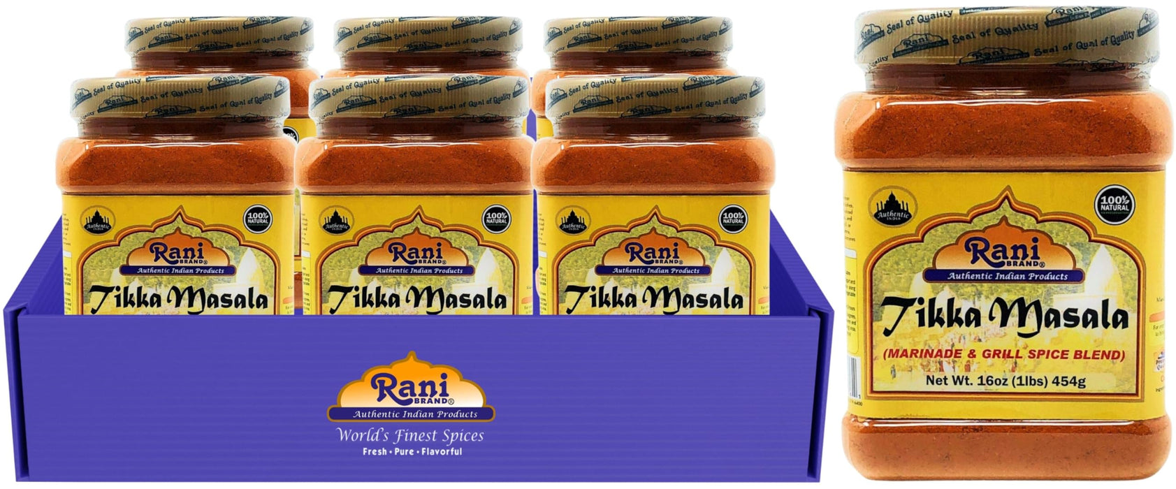 Rani Tikka Masala Indian 7-Spice Blend 16oz (1lb) 454g PET Jar, Pack of 6 ~ All Natural | Salt-Free | Vegan | No Colors | Gluten Friendly | NON-GMO | Indian Origin