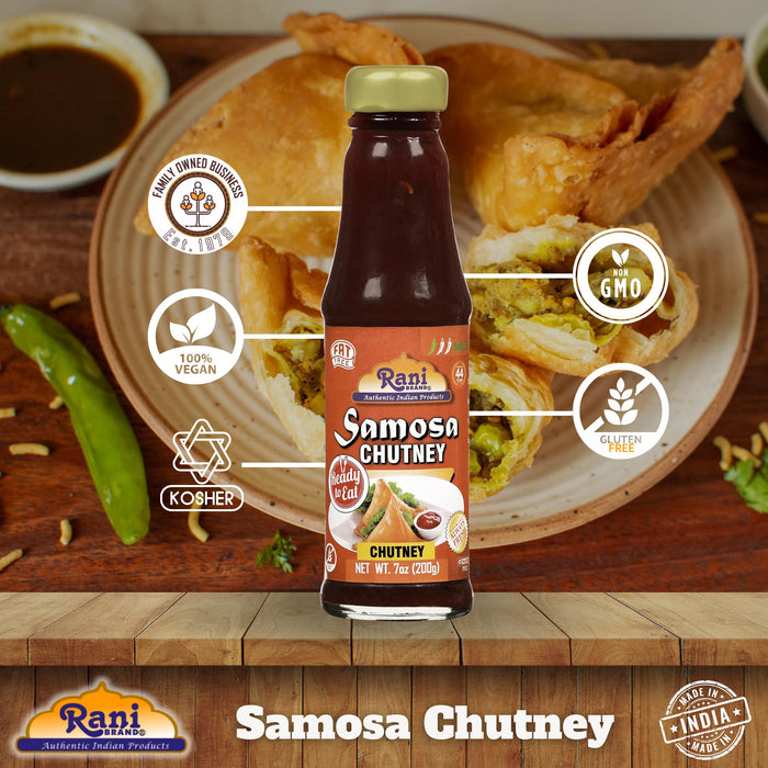 Rani Samosa Chutney (Sweet, Sour & Spicy Dipping Sauce) 7oz (200g) Glass Jar, Ready to eat, Vegan ~ Gluten Free | NON-GMO | Kosher | No Colors | Indian Origin