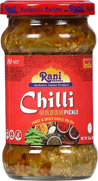 Rani Green Chilli Pickle Hot (Achar, Spicy Indian Relish) 10.5oz (300g)  ~ Glass Jar, Natural | Vegan | Gluten Free | NON-GMO | Kosher | No Colors