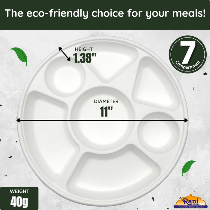 Rani 7 Compartment Round Biodegradable Divided Plates, Pack of 250 ~ Party, Thali, Buffet | Disposable & Eco-Friendly | Heavy-Duty Sturdy Paper Bagasse | Premium Quality | 11" Diameter, 1.38" Height