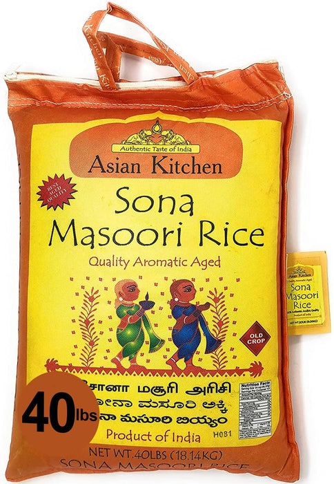 Asian Kitchen White Sona Masoori Aged Rice 40-Pound Bag, 40lbs (18.14kg) Short Grain Rice ~ All Natural | Gluten Friendly | Vegan | Indian Origin | Export Quality