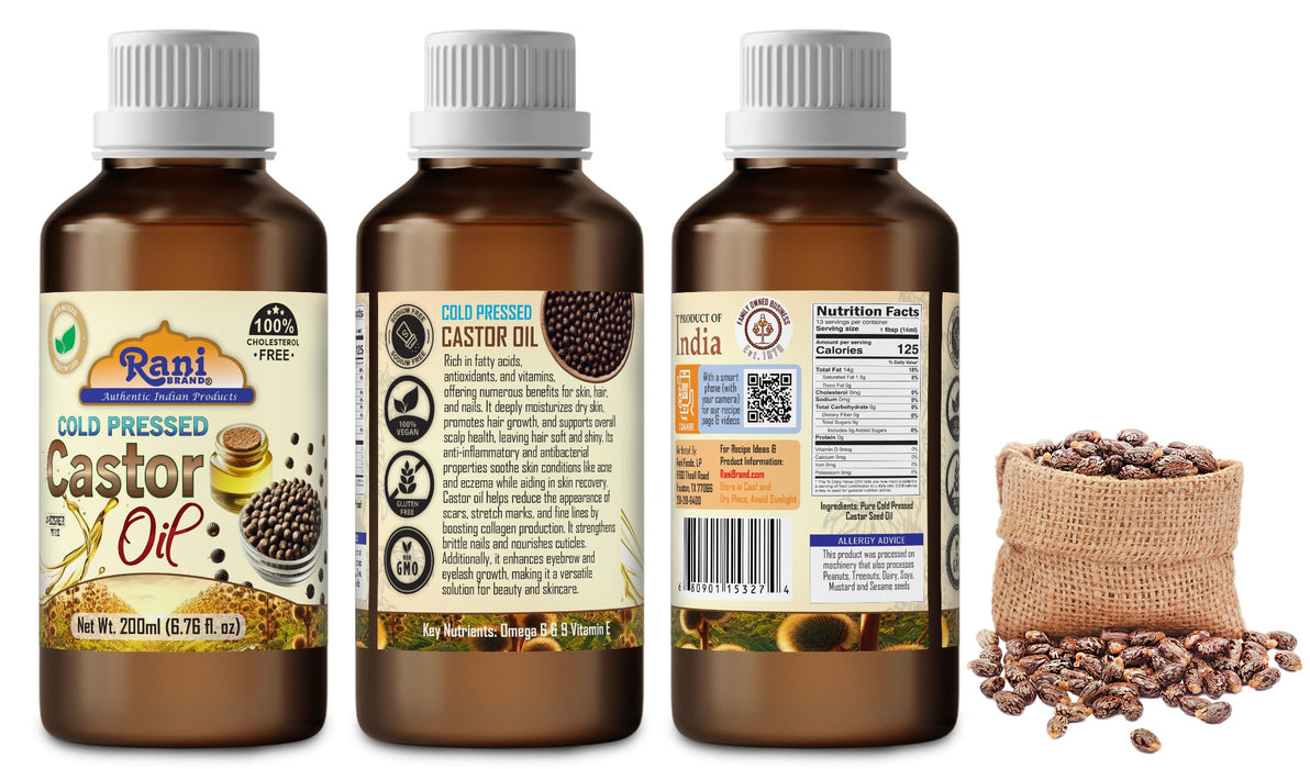 Rani Castor Oil 6.76 Ounce (200ml) Cold Pressed | 100% Natural | NON-GMO | Kosher | Vegan | Gluten Free | Indian Origin