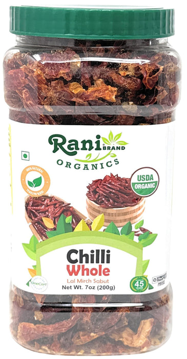 Rani Organic Chilli Whole (Lal Mirch Sabut) 7oz (200g) PET Jar ~ All Natural | Vegan | No Colors | Gluten Friendly | NON-GMO | Kosher | USDA Organic Certified