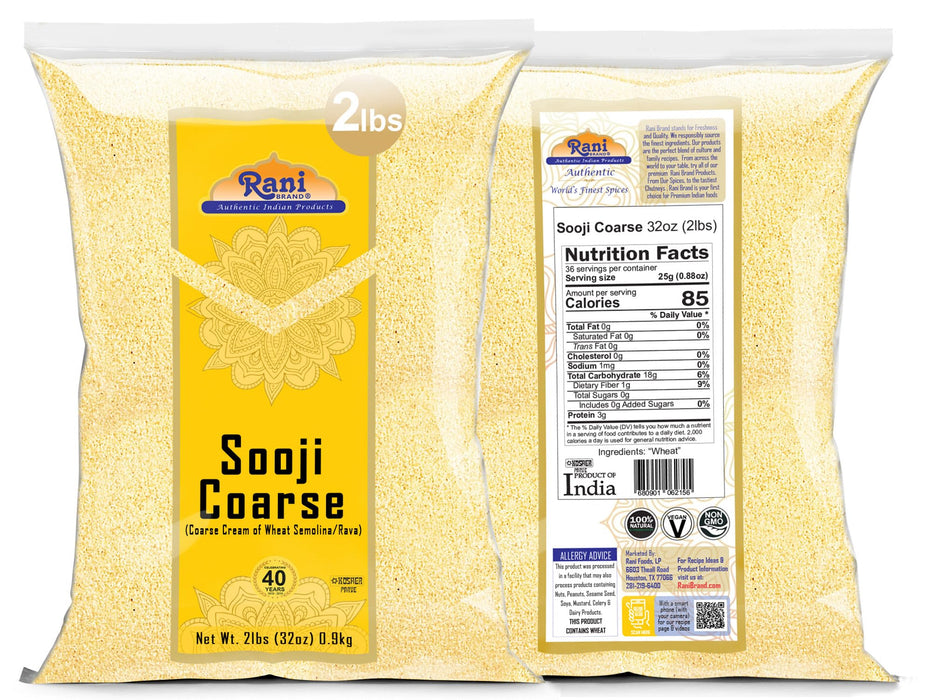 Rani Sooji Coarse (Farina, Suji, Rava, Rawa, Wheat Semolina) Flour, 32oz (2lbs) 908g ~ All Natural | Vegan | NON-GMO | Kosher | Indian Origin