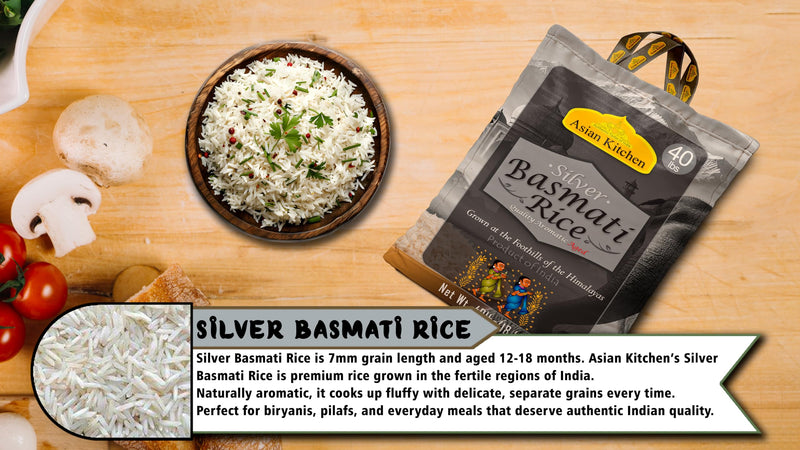 Asian Kitchen Silver White Basmati Rice Aged 40lbs (18.18kg) ~ All Natural | Gluten Friendly | Vegan | Indian Origin | Export Quality