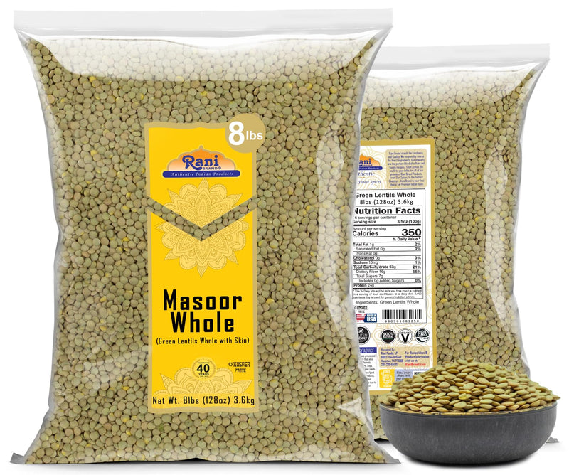 Rani Masoor Whole (Green Lentils Whole With Skin) 128oz (8lbs) 3.63kg Bulk ~ All Natural | Vegan | Gluten Friendly | Non-GMO | Kosher | Product of USA