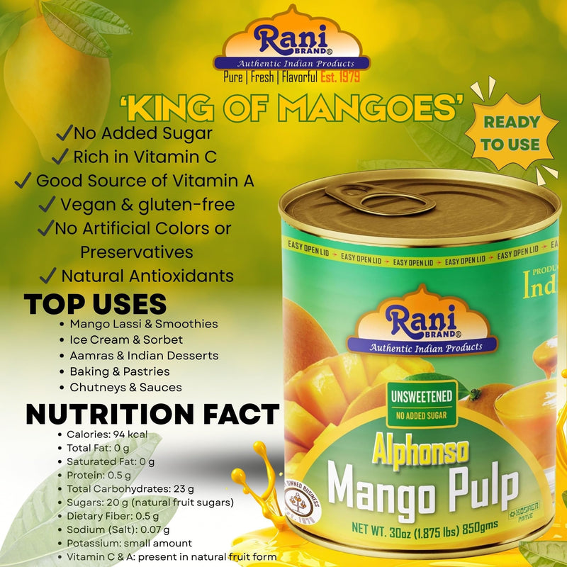 Rani Mango Pulp Puree (Makes Mango Lassi Shakes) Alphonso Unsweetened 30oz (1.875lbs) 850g Pack of 18 ~ Kosher | All Natural | NON-GMO | Vegan | No colors | Gluten Friendly | Indian Origin