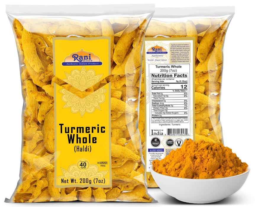 Rani Turmeric (Haldi) Root Whole Spice ~ Dried 7oz (200g) ~ All Natural | 100% Pure | Vegan | Gluten Friendly | NON-GMO | Kosher | Indian Origin