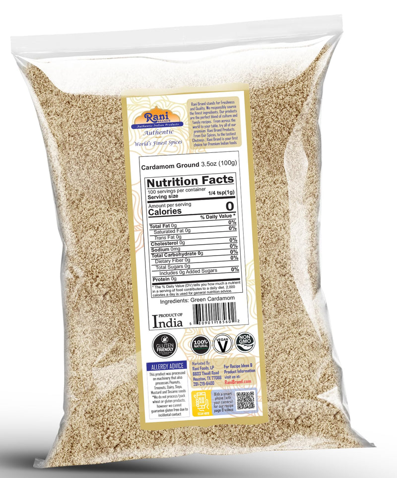 Rani Cardamom (Elachi) Ground, Powder Indian Spice 3.5oz (100g) ~ All Natural | No Color added | Gluten Friendly | Vegan | NON-GMO | Kosher | No Salt or filler