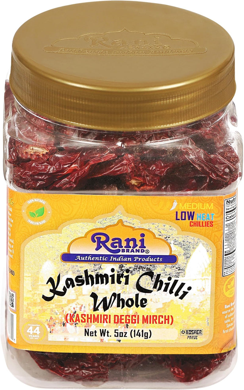 Rani Kashmiri Chilli Whole Stemless (Deggi Mirch) 5oz (141g) PET Jar ~ Natural | Salt-Free | Vegan | Gluten Friendly | Kosher | NON-GMO