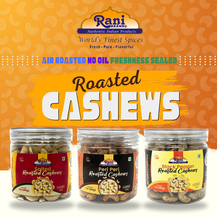 Rani Roasted Cashews Variety Pack (Salted, Black Pepper, Peri Peri) 7oz (200g) Pack of 3, PET Jar, Non-Fried, Oil Free ~ All Natural | Vegan | Gluten Friendly | NON-GMO | Kosher | Air Roasted