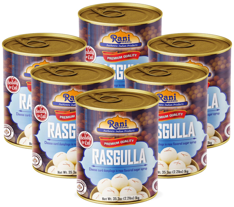 Rani Rasgulla (Cheese Curd Dumplings in Rose Flavor) 35.3oz (2.2lbs) 1kg, Pack of 6, Approximately 14 pieces, Easy Open Lid ~ Ready to eat | Gluten Friendly | Vegan | Non-GMO | Kosher | Indian Origin