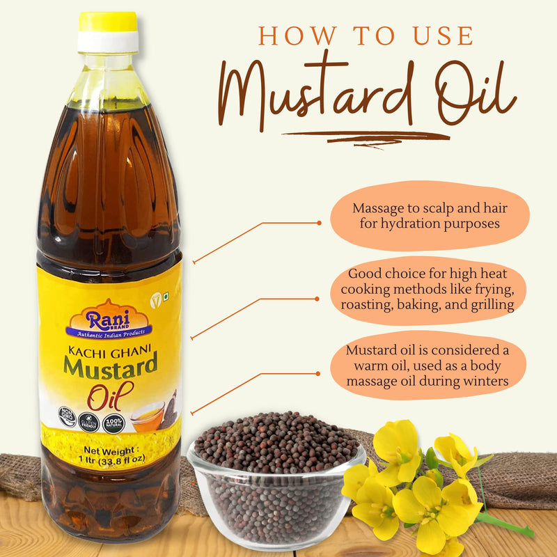 Rani Mustard Oil (Kachi Ghani) 33.8 Ounce (1 Liter) Pack of 12, NON-GMO | Gluten Free | Vegan | 100% Natural