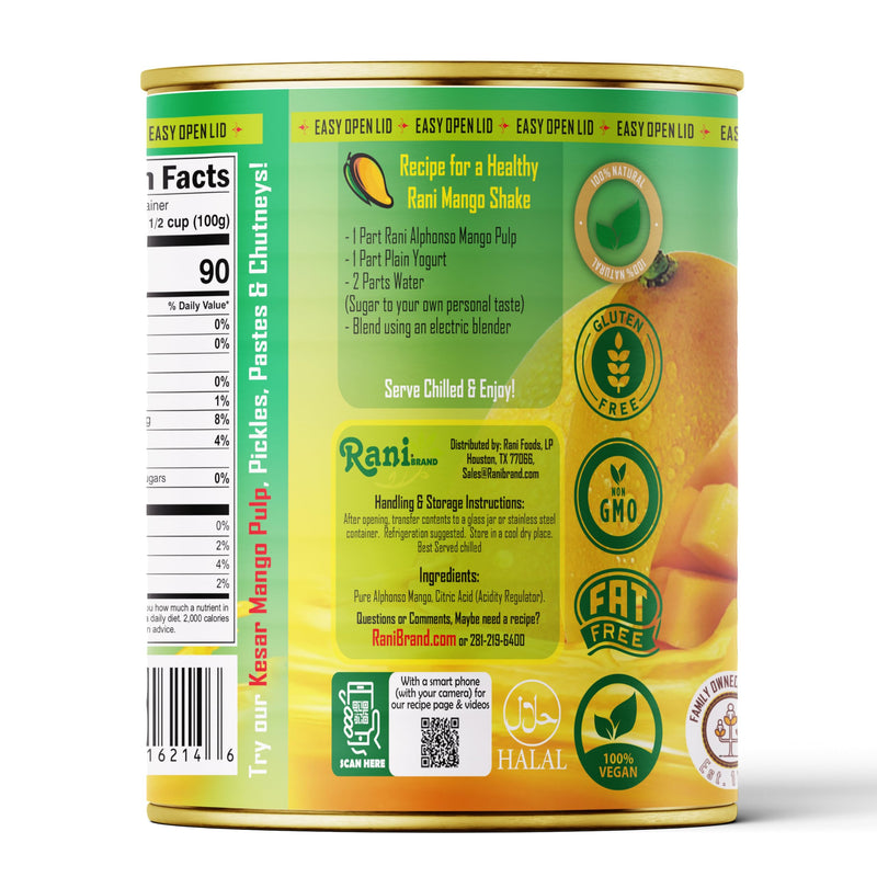 Rani Mango Pulp Puree (Makes Mango Lassi Shakes) Alphonso Unsweetened 30oz (1.875lbs) 850g Pack of 6 ~ Kosher | All Natural | NON-GMO | Vegan | No colors | Gluten Friendly | Indian Origin