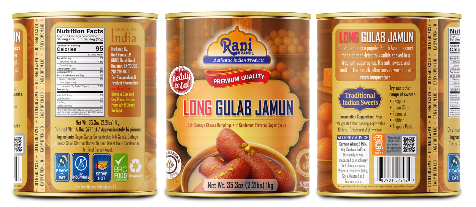 Rani Gulab Jamun Long (w/ Cardamom Flavored Sugar Syrup) 35.3oz (2.2lbs) 1kg, Pack of 2, Approximately 14 pieces, Easy Open Lid ~ Ready to eat | Vegan | Non-GMO | Kosher | Indian Origin