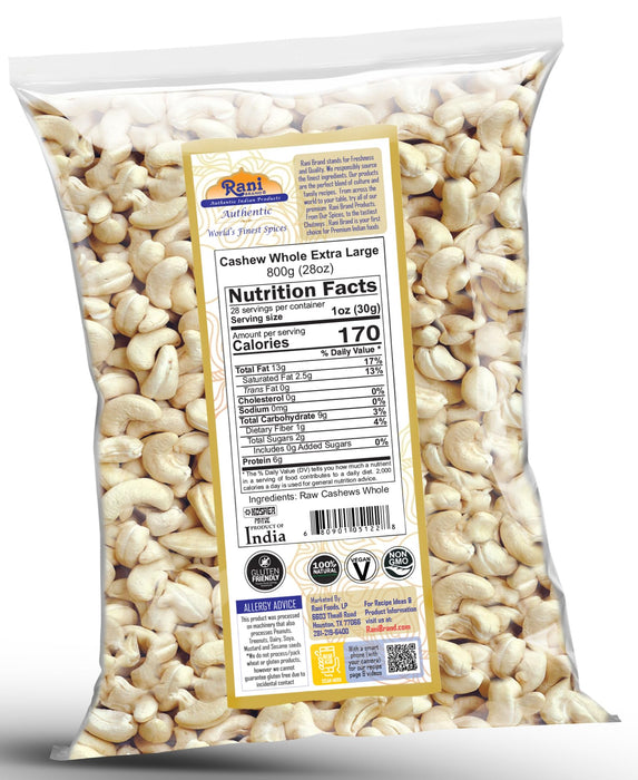 Rani Raw Cashews Whole W180 Extra Large (uncooked, unsalted) 28oz (800g) ~ All Natural, No Preservatives | Vegan | NON-GMO | Kosher | Gluten Friendly