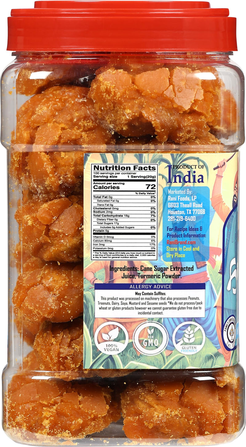 Rani Haldi Gur (Turmeric with Indian Jaggery) Indian Unrefined Raw Cane Sugar 70oz (4.4lbs) 2kg PET Jar ~ Gluten Friendly | Vegan | NON-GMO | Kosher | No Salt or fillers | Indian Product