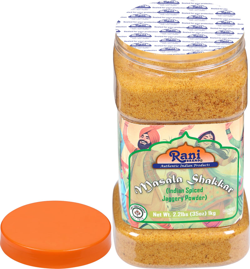 Rani Masala Shakkar (Indian Spiced Jaggery Powder) Unrefined Raw Cane Sugar 35oz (2.2lbs) 1kg PET Jar ~ Gluten Friendly | Vegan | NON-GMO | Kosher | No Salt or fillers | Indian Product