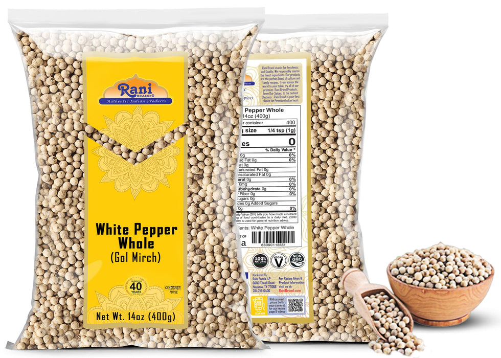 Rani White Pepper (Gol Mirch), Whole Spice 14oz (400g) ~ All Natural | Vegan | Gluten Friendly| NON-GMO | Indian Origin