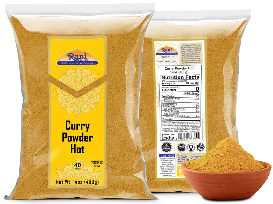 Rani Curry Powder Hot (11-Spice Authentic Indian Blend) 14oz (400g) ~ All Natural | Salt-Free | Vegan | No Colors | Gluten Friendly | NON-GMO | Kosher | Indian Origin