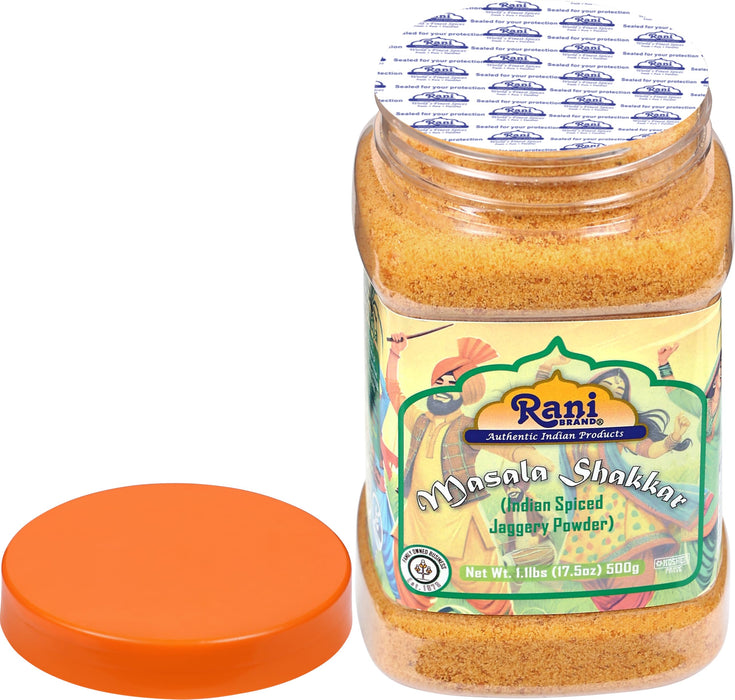 Rani Masala Shakkar (Indian Spiced Jaggery Powder) Unrefined Raw Cane Sugar 17.5oz (1.1lbs) 500g PET Jar ~ Gluten Friendly | Vegan | NON-GMO | Kosher | No Salt or fillers | Indian Product