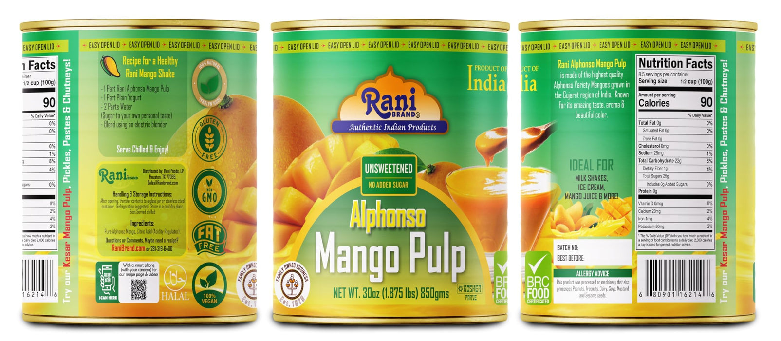 Rani Mango Pulp Puree (Makes Mango Lassi Shakes) Alphonso Unsweetened 30oz (1.875lbs) 850g Pack of 18 ~ Kosher | All Natural | NON-GMO | Vegan | No colors | Gluten Friendly | Indian Origin
