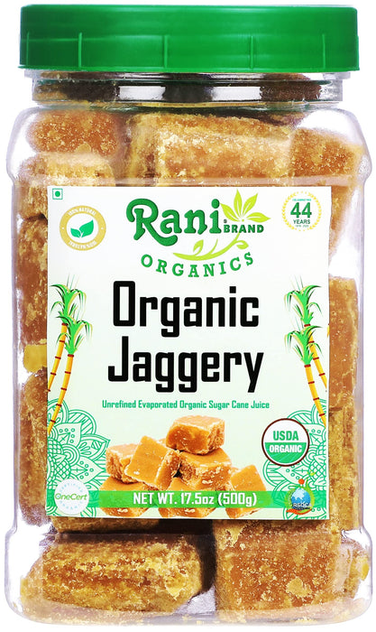 Rani Organic Jaggery (Unrefined Evaporated Organic Sugar Cane Juice) 17.5oz (1.1lbs) 500g PET Jar ~ Gluten Friendly | Vegan | NON-GMO | No Salt or fillers | Indian Product | USDA Certified Organic