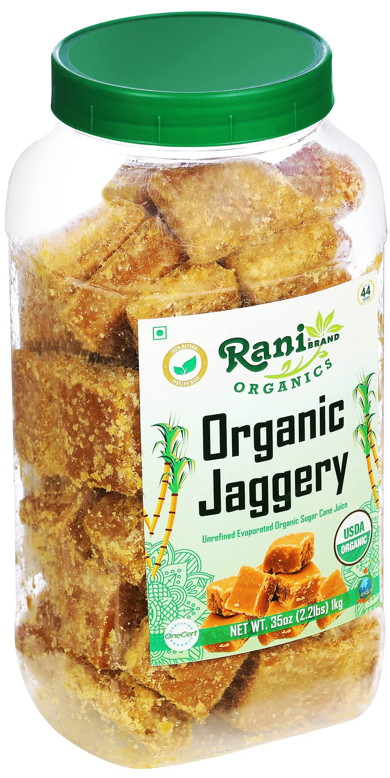 Rani Organic Jaggery (Unrefined Evaporated Organic Sugar Cane Juice) 35oz (2.2lbs) 1kg PET Jar ~ Gluten Friendly | Vegan | NON-GMO | No Salt or fillers | Indian Product | USDA Certified Organic