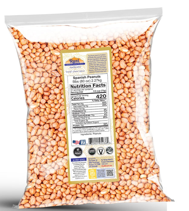 Rani Raw Spanish Peanuts 100% Natural with Skin (uncooked, unsalted) 80oz (5lbs) 2.27kg Bulk ~ Vegan | Gluten Friendly | Fresh Product of USA | Kosher | Red-brown Skin