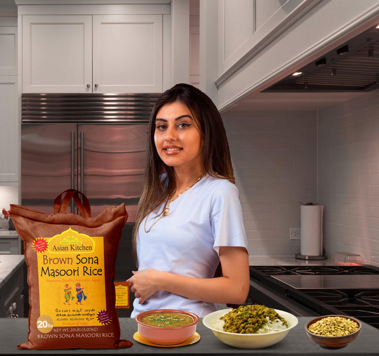 Asian Kitchen Brown Sona Masoori Aged Rice 20lbs (9.08kg) Short Grain Rice ~ All Natural | Gluten Friendly | Vegan | Kosher | Indian Origin | Export Quality