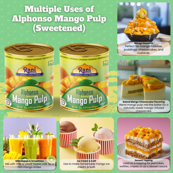 Rani Mango Pulp Puree (Makes Mango Lassi Shakes) Alphonso Sweetened 30oz (1.875lbs) 850g Pack of 2 ~ Kosher | All Natural | NON-GMO | Vegan | No colors | Gluten Friendly | Indian Origin