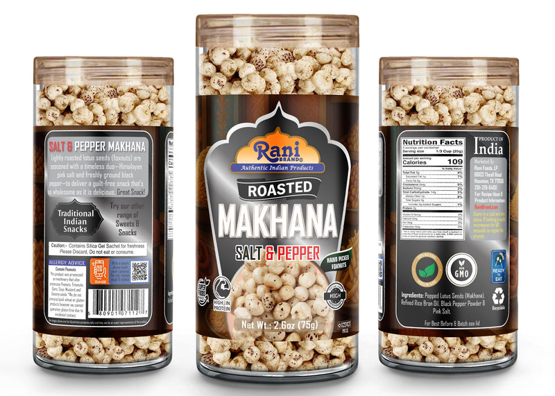 Rani Roasted Makhana (Fox Nut/Popped Lotus Seed) Salt & Pepper Flavor 2.6oz (75g) Ready to eat, Hand Picked Foxnuts ~ All Natural | Vegan | Gluten Friendly | NON-GMO | Kosher | Indian Origin