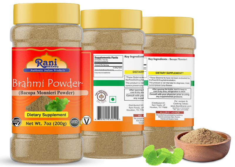 Rani Bacopa Monnieri (Waterhyssop) 7oz (200g) PET Jar ~ All Natural | No Color | Gluten Friendly | Vegan | Non-GMO | Kosher | No Salt or fillers | Indian Origin