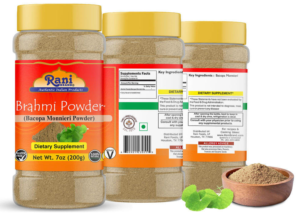 Rani Bacopa Monnieri (Waterhyssop) 7oz (200g) PET Jar ~ All Natural | No Color | Gluten Friendly | Vegan | Non-GMO | Kosher | No Salt or fillers | Indian Origin