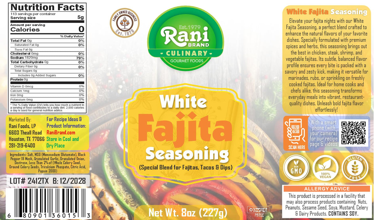 Rani White Fajita Seasoning (Special Blend for Fajitas, Tacos & Dips) 8oz (227g) PET Jar ~ All Natural | Gluten Friendly | NON-GMO | Kosher | Vegan | Indian Origin