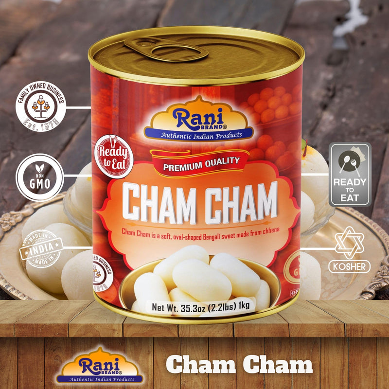 Rani Cham Cham (Oval-shaped Bengali Sweet) 35.3oz (2.2lbs) 1kg, Approximately 14 pieces, Easy Open Lid ~ Ready to eat | Gluten Free | Non-GMO | Kosher | Indian Origin