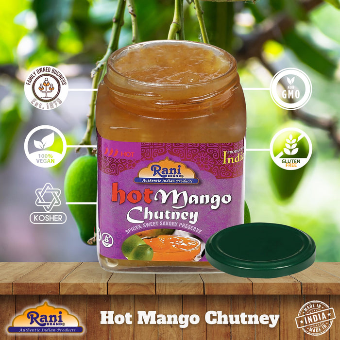 Rani Hot Mango Chutney (Spicy Indian Preserve) 12.5oz (350g) Glass Jar, Ready to eat, Vegan, Pack of 5+1 FREE ~ Gluten Free, All Natural, NON-GMO | Kosher