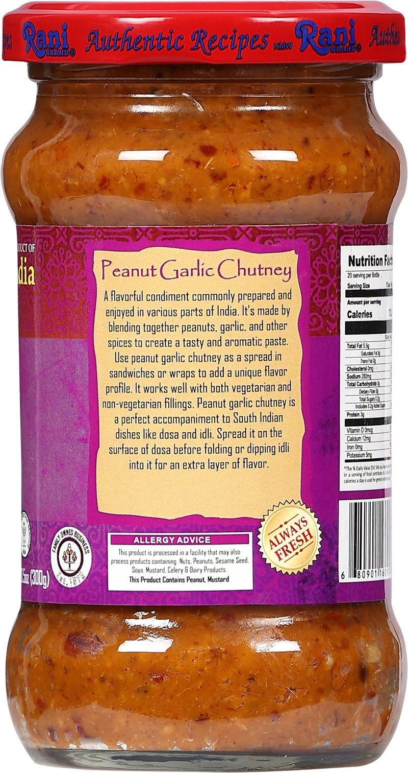 Rani Peanut Garlic Chutney 10.5oz (300g) Glass Jar, Ready to Eat ~ Vegan | Gluten Free | NON-GMO | No Colors | Indian Origin