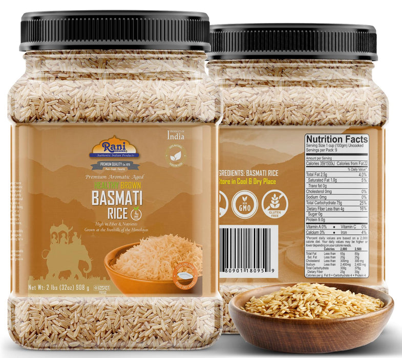 Rani Brown Basmati Rice Extra Long Aged 32oz (2lbs) 908g PET Jar ~ All Natural | Gluten Friendly | Vegan | Indian Origin | Kosher | Export Quality