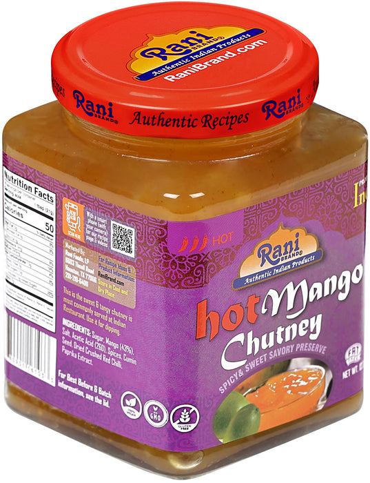 Rani Hot Mango Chutney (Spicy Indian Preserve) 12.3oz (350g) Glass Jar, Pack of 2, Ready to eat, Vegan ~ Gluten Free, All Natural, NON-GMO, Kosher