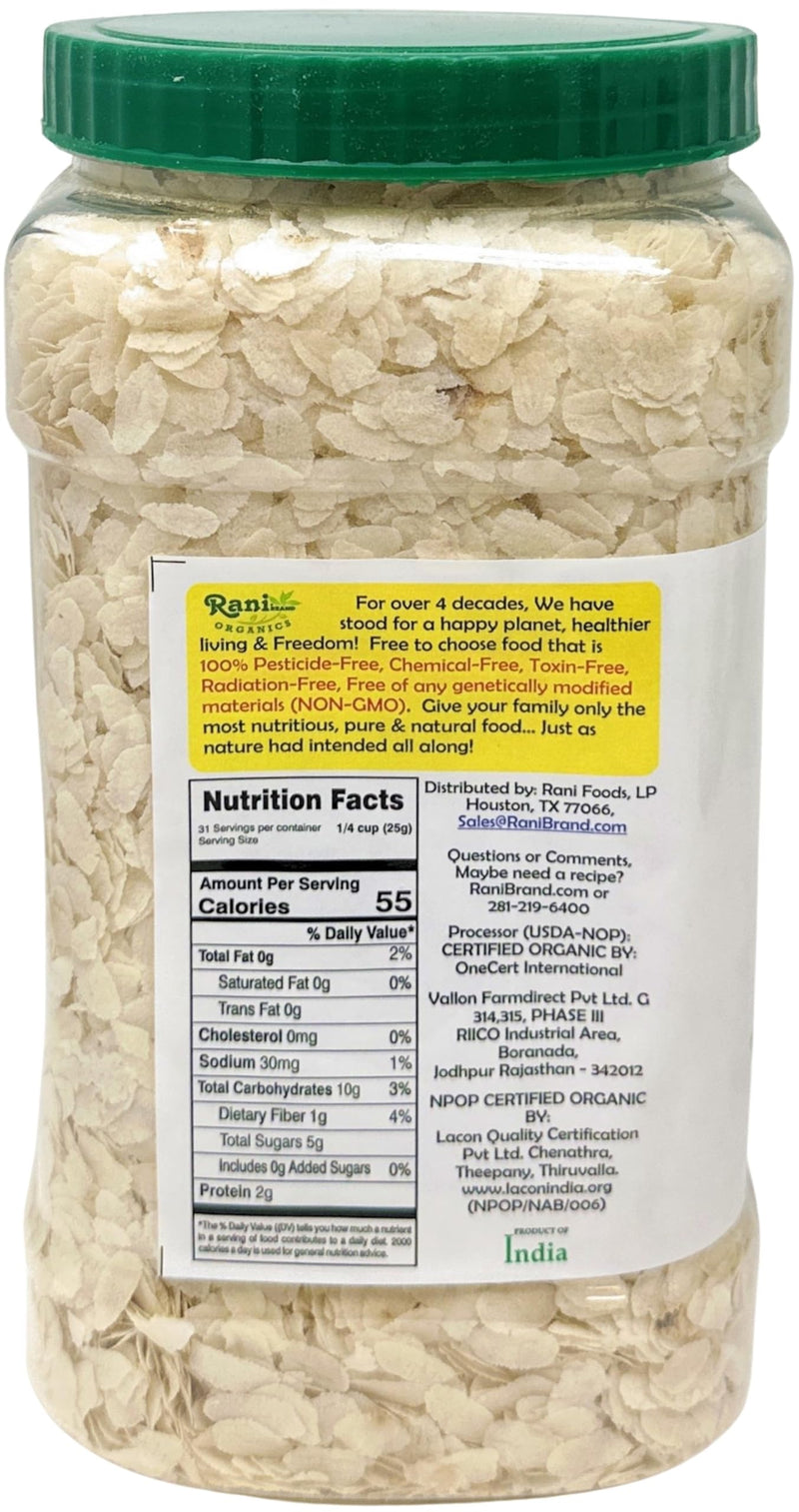 Rani Organic Poha (Powa) Thin Cut (Flattened Rice) 28oz (1.75lbs) 800g PET Jar ~ All Natural, Salt-Free | Vegan | Kosher | No Colors | Gluten Friendly | Indian Origin | USDA Certified Organic