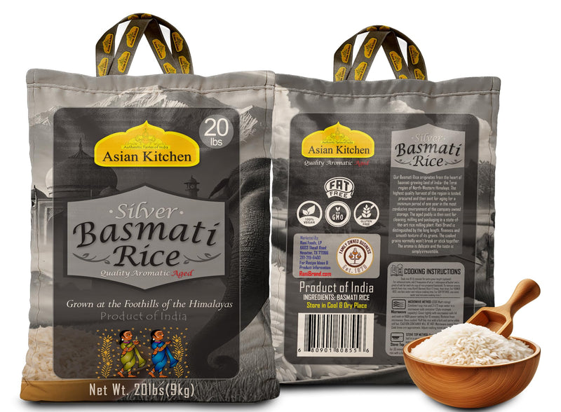 Asian Kitchen Silver White Basmati Rice Aged, 20 Pound (20lbs, 9.08kg) ~ All Natural | Gluten Friendly | Vegan | Indian Origin | Export Quality