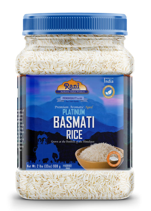 Rani Platinum White Basmati Rice Extra Long Aged 32oz (2lbs) 908g PET Jar ~ All Natural | Gluten Friendly | Vegan | Indian Origin | Kosher | Export Quality